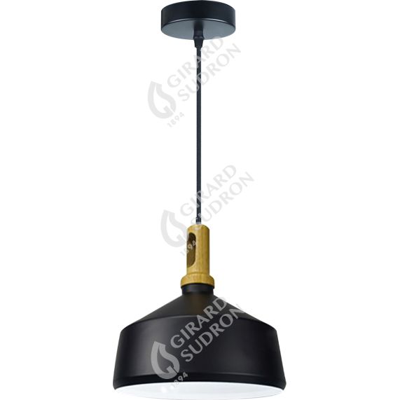 Suspension E27 Max.60W abat-jour Alu Noir Mat et Bois clair extérieur / Blanc intérieur cable PVC L.150cm Noir