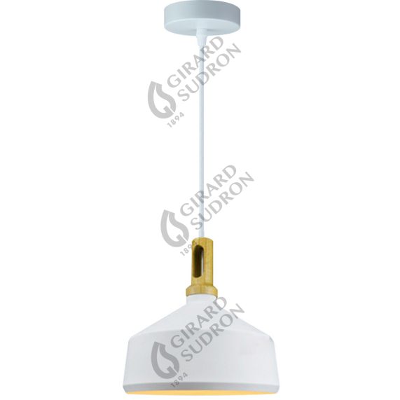 Suspension E27 Max.60W abat-jour Alu Blanc Mat et Bois clair extérieur / Blanc intérieur cable PVC L.150cm Blanc