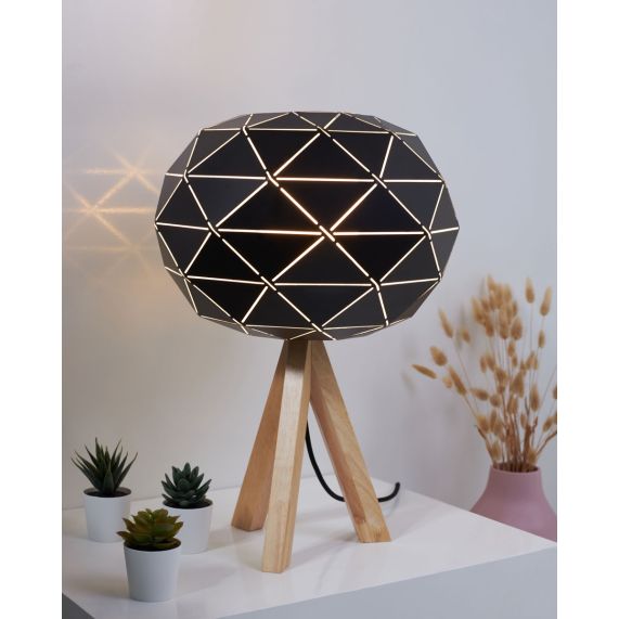 Lampe à poser E27 Max.60W abat-jour Noir extérieur / Blanc intérieur - pieds Bois clair - cable PVC L.200cm avec inter. Noir