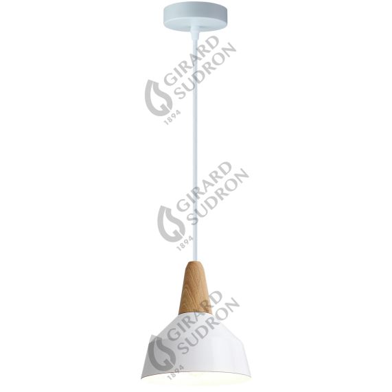 Suspension E27 Max.60W abat-jour Alu Blanc et Bois clair extérieur / Blanc intérieur cable PVC L.150cm Blanc