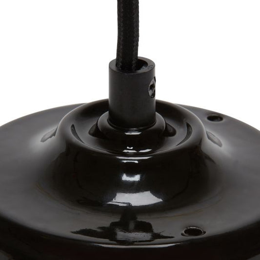 Suspension Douille E27 et Pavillon Céramique Noire + Câble Textile Noir 1 Mètre