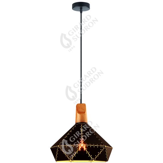 Suspension E27 Max.60W abat-jour Noir et Bois clair extérieur / Blanc intérieur cable PVC L.150cm Noir