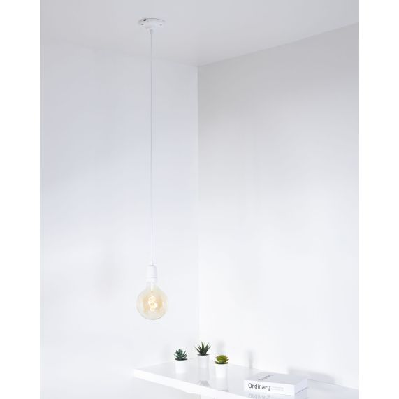 Suspension Douille E27 et Pavillon Céramique Blanche + Câble Textile Blanc 1 Mètre