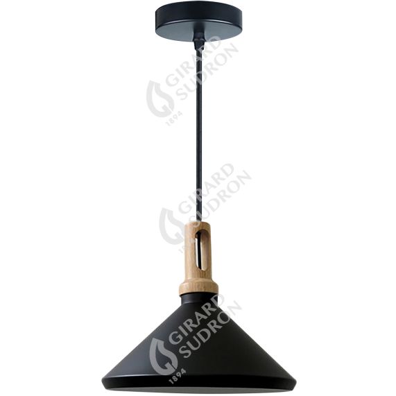 Suspension E27 Max.60W abat-jour Alu Noir Mat et Bois clair extérieur / Blanc intérieur cable PVC L.150cm Noir