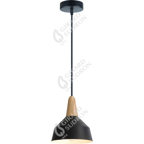 Suspension E27 Alu Max.60W abat-jour Alu Noir Mat et Bois clair extérieur / Blanc intérieur cable PVC L.150cm Noir