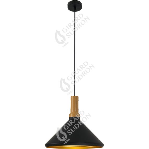 Suspension E27 abat-jour métal Noir extérieur/ Bois clair intérieur cable PVC L.100cm