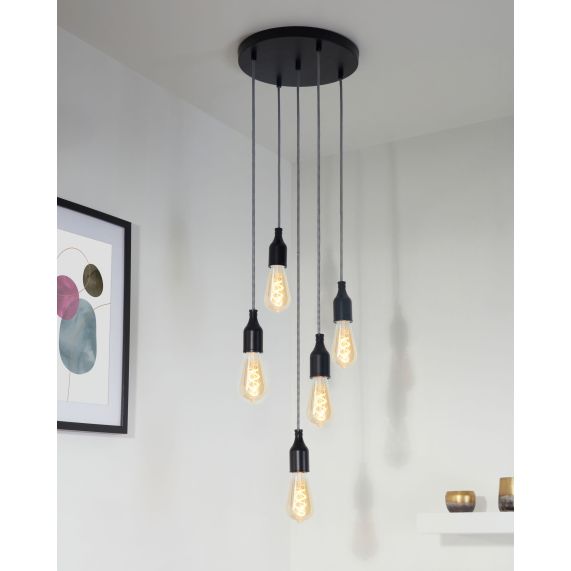 Plafonnier Acier D.300mm Noir 5 Sorties + Arrêts Pour Câbles D.6mm