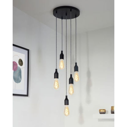 Plafonnier Acier D.300mm Noir 5 Sorties + Arrêts Pour Câbles D.6mm