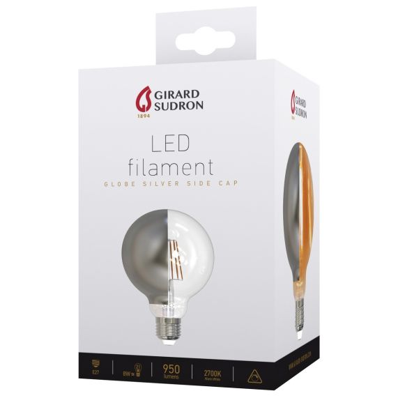 Globe D95 Filament LED Latéral Argent 8W E27 2700K 950Lm Dim.