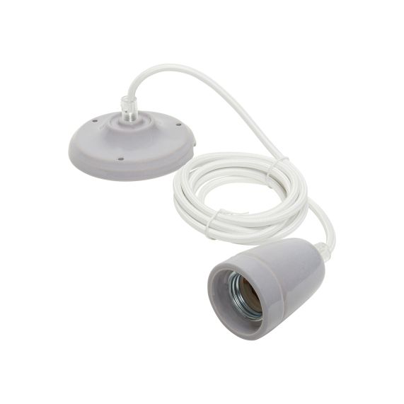 Suspension Douille E27 et Pavillon Céramique Grise + Câble 2 Mètres Blanc