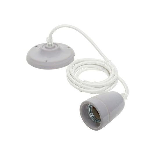 Suspension Douille E27 et Pavillon Céramique Grise + Câble 2 Mètres Blanc