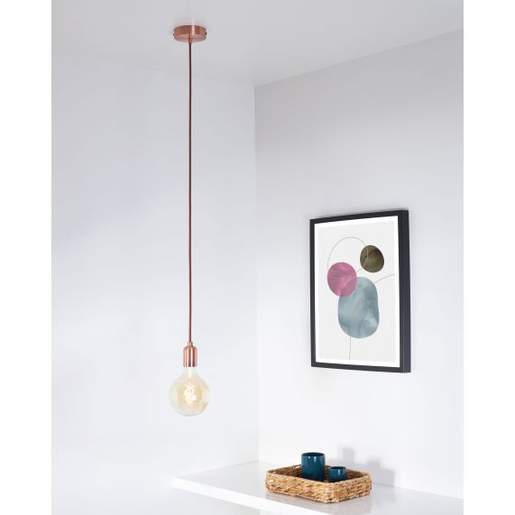 Suspension Douille E27 Lisse et Pavillon Métal Cuivre + Câble Textile Marron 2 Mètres