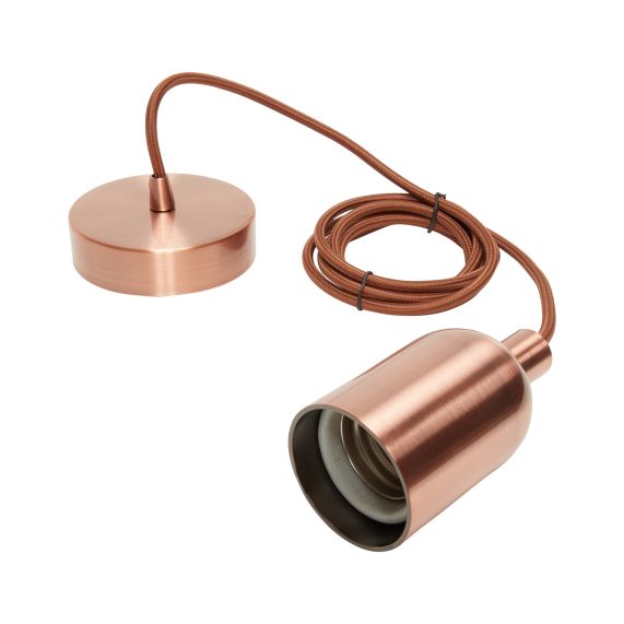 Suspension Douille E40 et Pavillon Métal Cuivre + Câble Textile Marron 2 Mètres