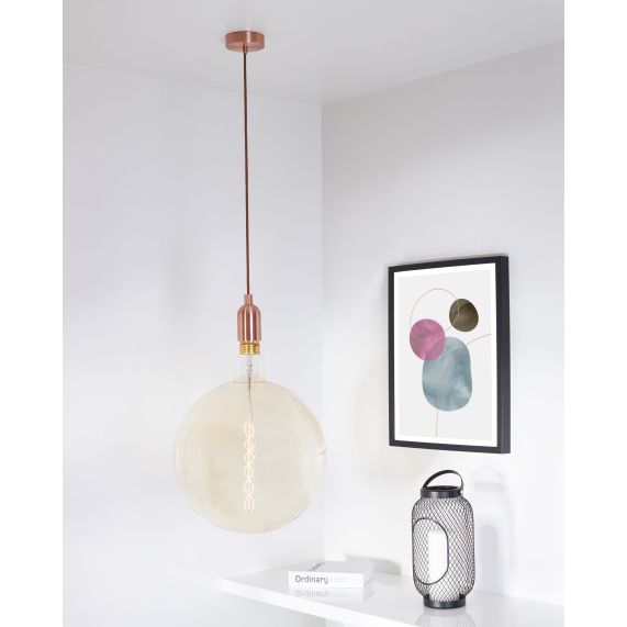Suspension Douille E40 et Pavillon Métal Cuivre + Câble Textile Marron 2 Mètres