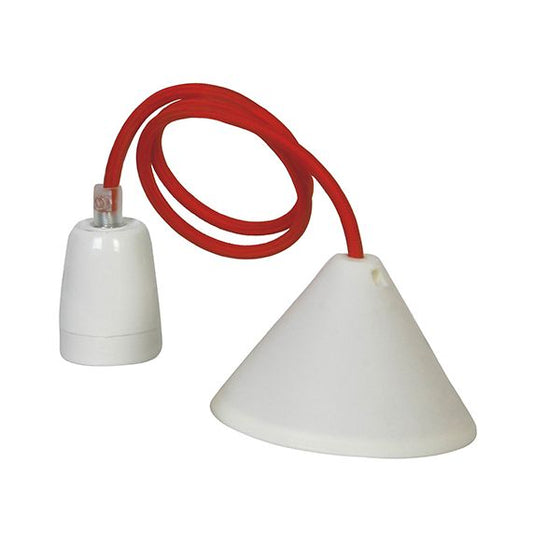 Suspension porcelaine E27 blanc av pav plastique + cable textile rouge 600mm