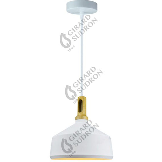 Suspension E27 Max.60W abat-jour Alu Blanc Mat et Bois clair extérieur / Blanc intérieur cable PVC L.150cm Blanc