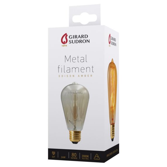 Edison Filament Métallique Droit 24W E27 2000K Ambre