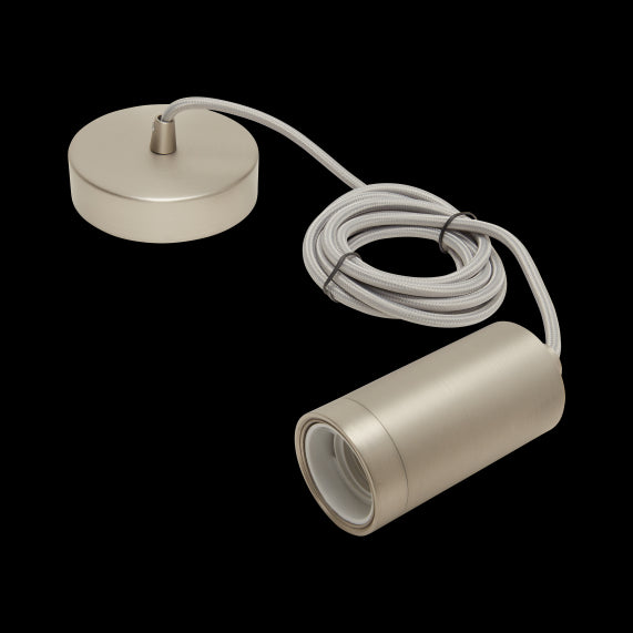Suspension Douille Cylindre Filetée E27 et Pavillon Acier Gris Clair Métallisé + Câble Textile Gris 2 Mètres