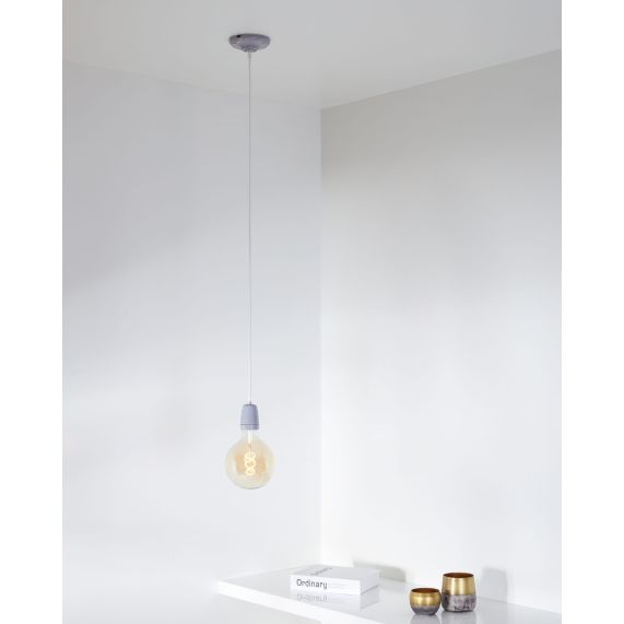Suspension Douille E27 et Pavillon Céramique Grise + Câble 2 Mètres Blanc