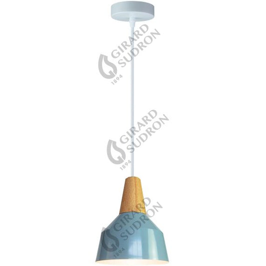 Suspension E27 Max.60W abat-jour Alu Bleu ciel et Bois clair extérieur / Blanc intérieur cable PVC L.150cm Blanc