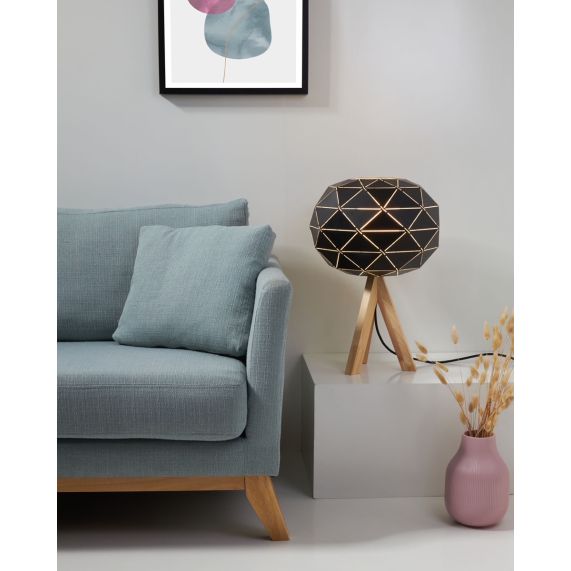 Lampe à poser E27 Max.60W abat-jour Noir extérieur / Blanc intérieur - pieds Bois clair - cable PVC L.200cm avec inter. Noir