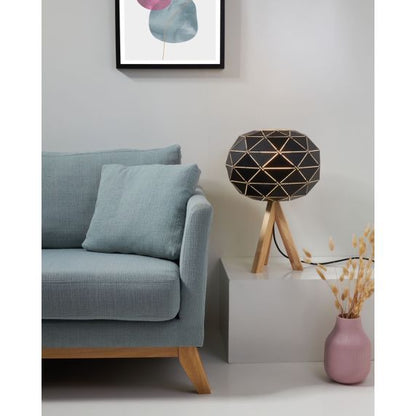 Lampe à poser E27 Max.60W abat-jour Noir extérieur / Blanc intérieur - pieds Bois clair - cable PVC L.200cm avec inter. Noir