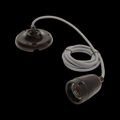 Suspension Douille E27 et Pavillon Céramique Noire + Câble 2 Mètres noir/blanc