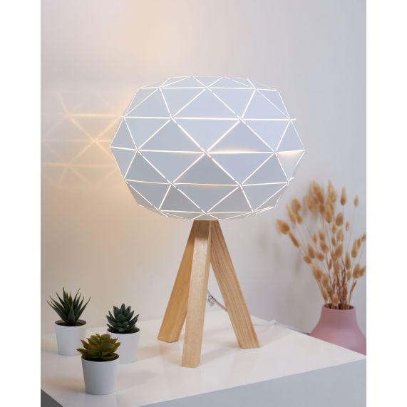 Lampe à poser E27 Max.60W abat-jour Blanc extérieur / intérieur - pieds Bois clair - cable PVC L.200cm avec inter. Blanc