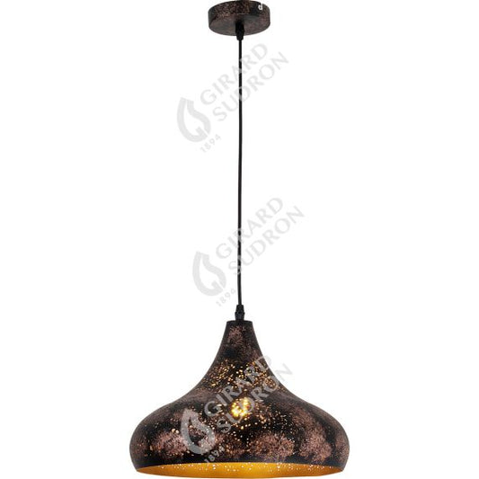 Suspension E27 abat-jour métal Effet Rouillé extérieur/ Doré intérieur cable PVC L.100cm