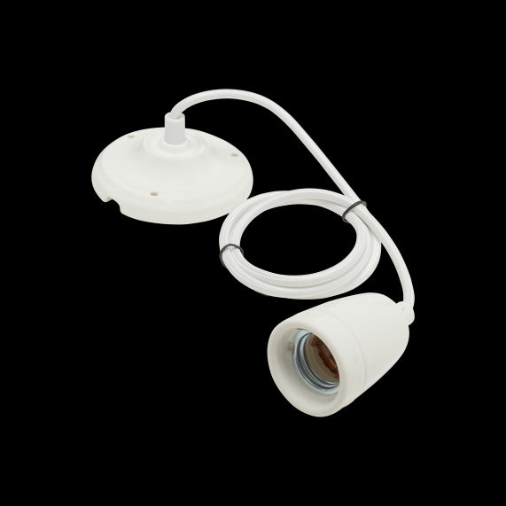 Suspension Douille E27 et Pavillon Céramique Blanche + Câble Textile Blanc 1 Mètre