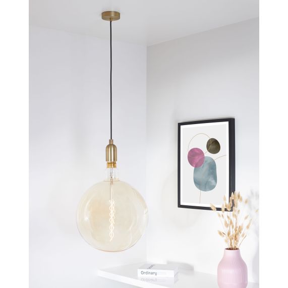 Suspension Douille E40 + Pavillon Métal Bronze + Câble Text. Noir 2 Mètres