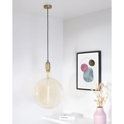 Suspension Douille E40 + Pavillon Métal Bronze + Câble Text. Noir 2 Mètres