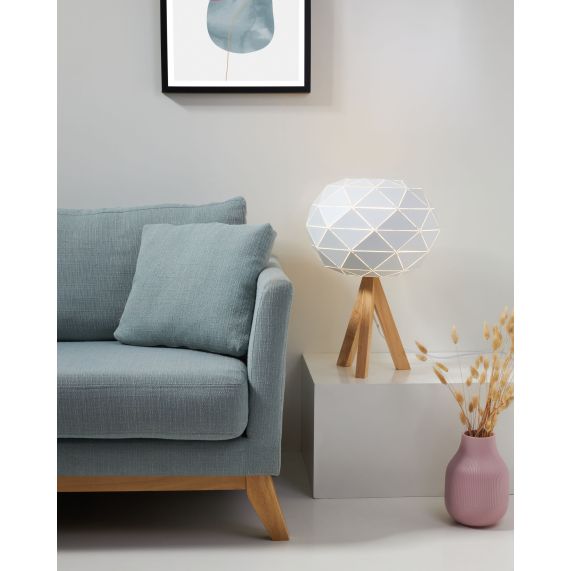 Lampe à poser E27 Max.60W abat-jour Blanc extérieur / intérieur - pieds Bois clair - cable PVC L.200cm avec inter. Blanc