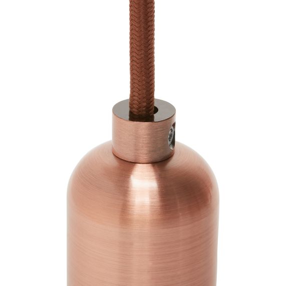 Suspension Douille E27 Lisse et Pavillon Métal Cuivre + Câble Textile Marron 2 Mètres