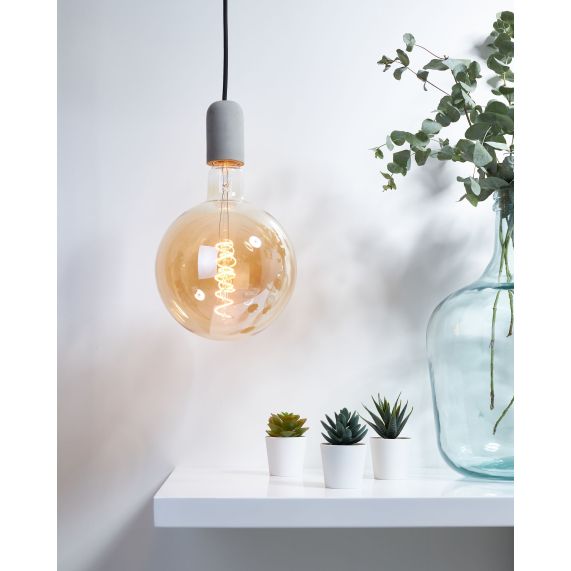 Pack Suspension Béton Gris+Câble 2M Text.+Pavillon Acier Noir 187557 + Big bulb LED Filament Spiral Globe G200 6W Amb.Dim 716627