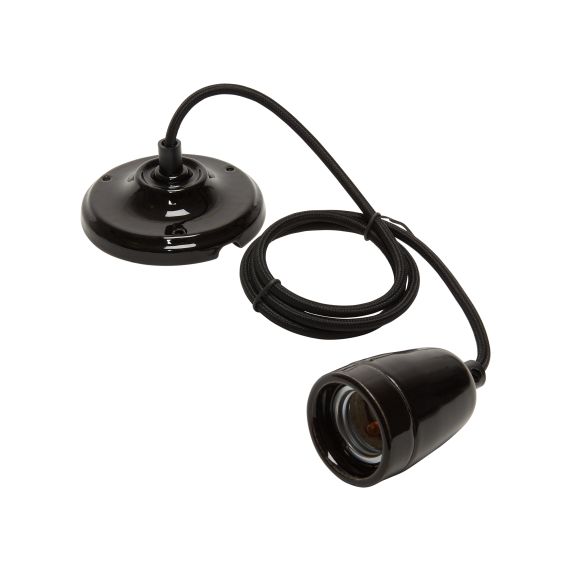 Suspension Douille E27 et Pavillon Céramique Noire + Câble Textile Noir 1 Mètre
