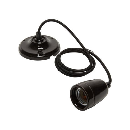 Suspension Douille E27 et Pavillon Céramique Noire + Câble Textile Noir 1 Mètre