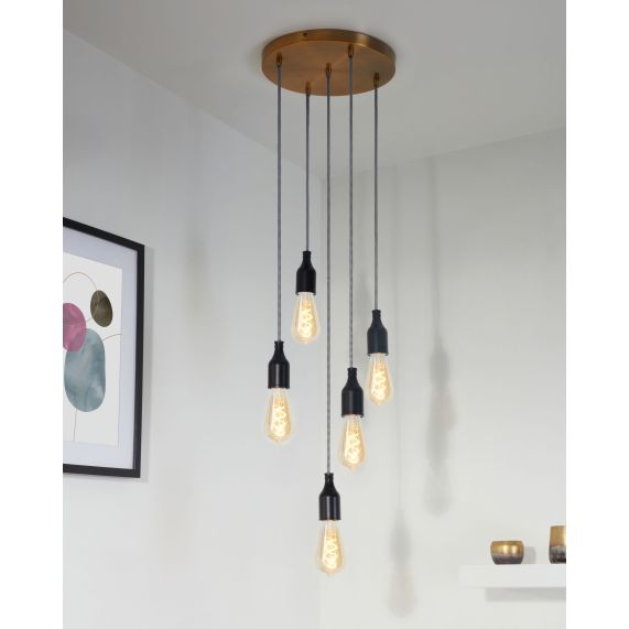 Plafonnier Acier D.300mm Rétro Or 5 Sorties + Arrêts Pour Câbles D.6mm