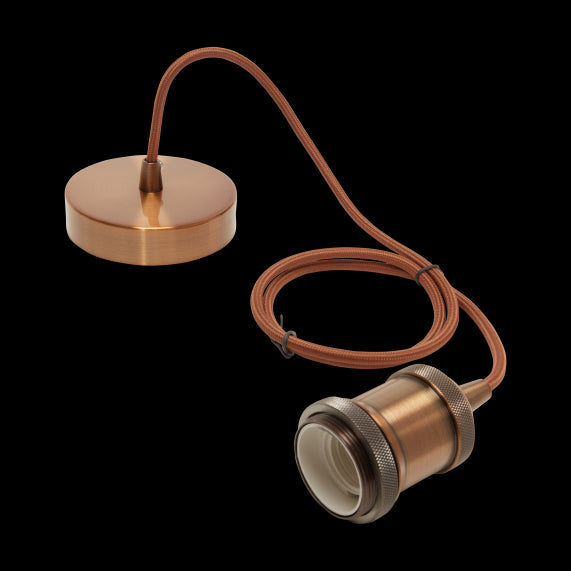 Suspension Douille E27 Filetée et Pavillon Métal Antique + Câble Textile Marron 1 Mètre EAN 3125462416057