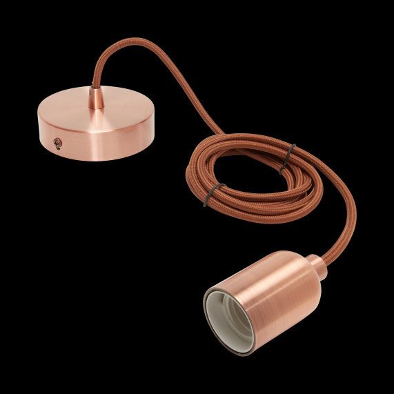 Suspension Douille E27 Lisse et Pavillon Métal Cuivre + Câble Textile Marron 2 Mètres