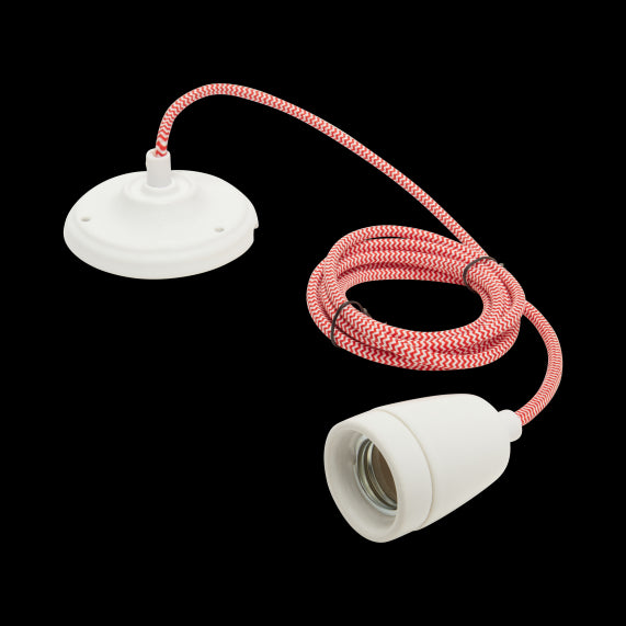 Suspension Douille E27 et Pavillon Céramique Blanche + câble 2 Mètres Textile Blanc/Rouge