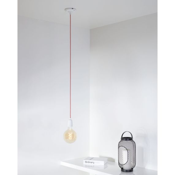 Suspension Douille E27 et Pavillon Céramique Blanche + câble 2 Mètres Textile Blanc/Rouge