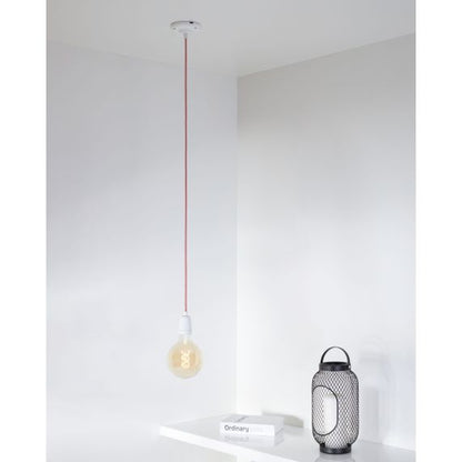 Suspension Douille E27 et Pavillon Céramique Blanche + câble 2 Mètres Textile Blanc/Rouge