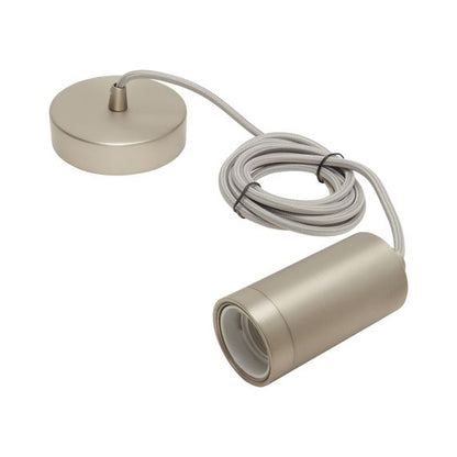 Suspension Douille Cylindre Filetée E27 et Pavillon Acier Gris Clair Métallisé + Câble Textile Gris 2 Mètres