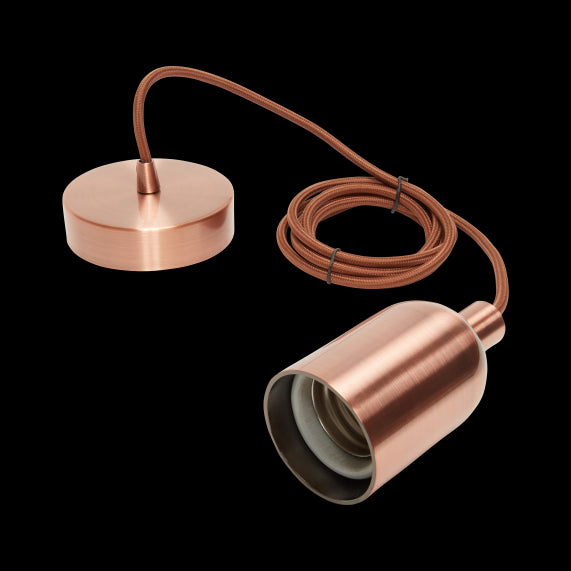 Suspension Douille E40 et Pavillon Métal Cuivre + Câble Textile Marron 2 Mètres