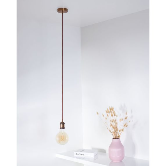 Suspension Douille E27 Filetée et Pavillon Métal Antique + Câble Textile Marron 1 Mètre EAN 3125462416057