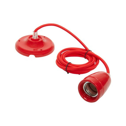 Suspension Douille E27 et Pavillon Céramique Rouge + Câble 2 Mètres Textile Rouge
