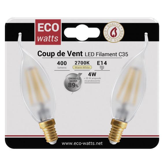 FS Ecowatts - Lot de 2 Ampoules Filament LED - Flamme CDV 4W E14 2700K Mat 3125469986652