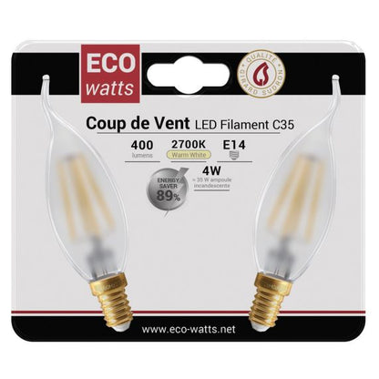 FS Ecowatts - Lot de 2 Ampoules Filament LED - Flamme CDV 4W E14 2700K Mat 3125469986652