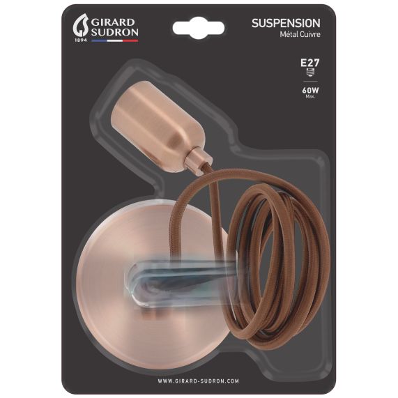 Suspension Douille Lisse E27 + Pavillon Métal Cuivre +Câble Textile Marron L2M